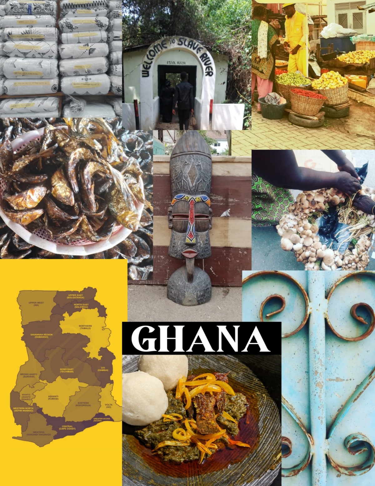 Collage depicting West African & Ghana culture showing traditional dishes, ingredients, a map, local art, and destinations.